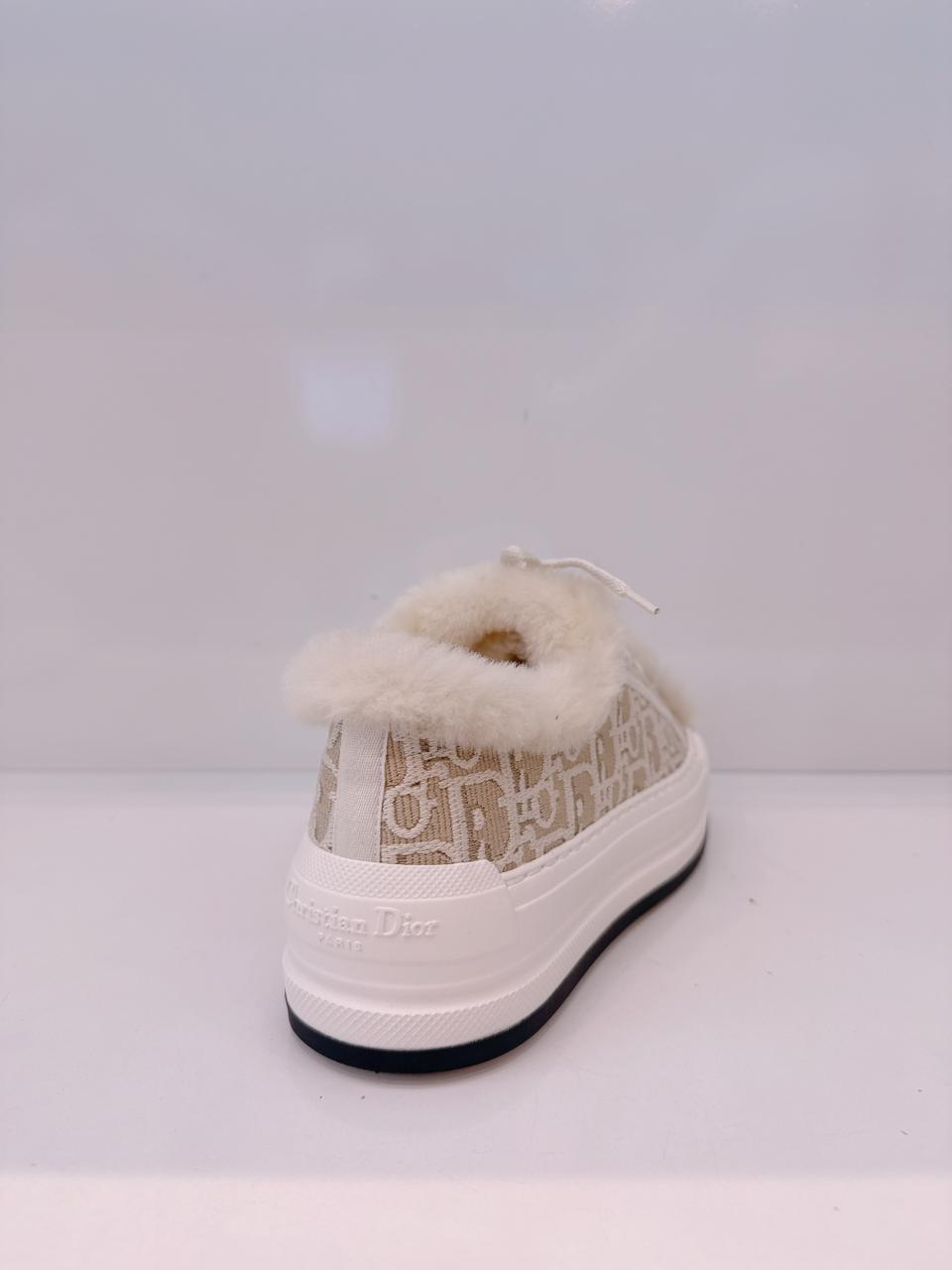BEIGE COTTON EMBROIDERED WITH MOTIF AND ECRU LAMBSKIN SHEARLING WALK'N'DIOR PLATFORM SNEAKERS 37.5