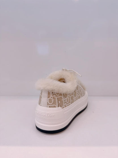 BEIGE COTTON EMBROIDERED WITH MOTIF AND ECRU LAMBSKIN SHEARLING WALK'N'DIOR PLATFORM SNEAKERS 37.5