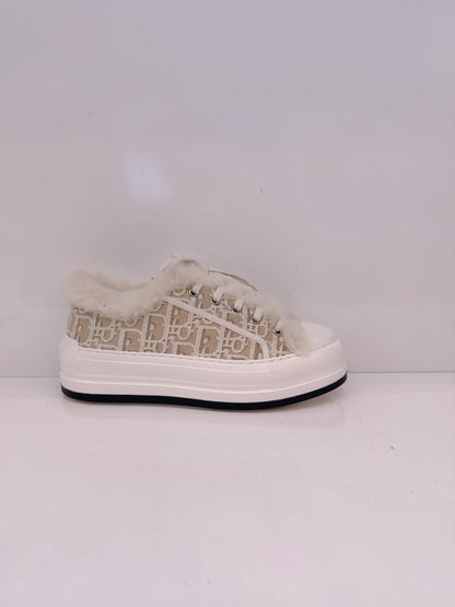 BEIGE COTTON EMBROIDERED WITH MOTIF AND ECRU LAMBSKIN SHEARLING WALK'N'DIOR PLATFORM SNEAKERS 37.5