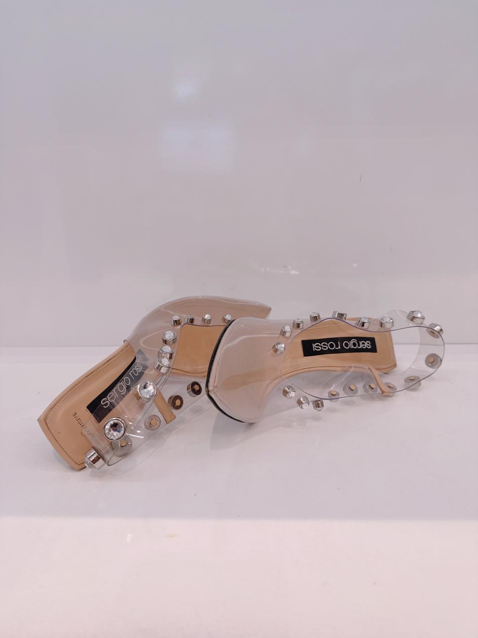 BEIGE PVC CRYSTAL EMBELLISHED SLINGBACK SANDALS 40.5
