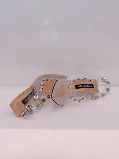 BEIGE PVC CRYSTAL EMBELLISHED SLINGBACK SANDALS 40.5