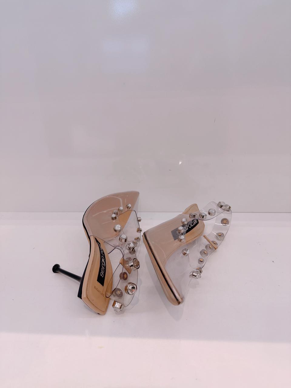 BEIGE PVC CRYSTAL EMBELLISHED SLINGBACK SANDALS 40.5