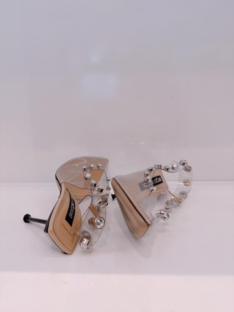 BEIGE PVC CRYSTAL EMBELLISHED SLINGBACK SANDALS 40.5