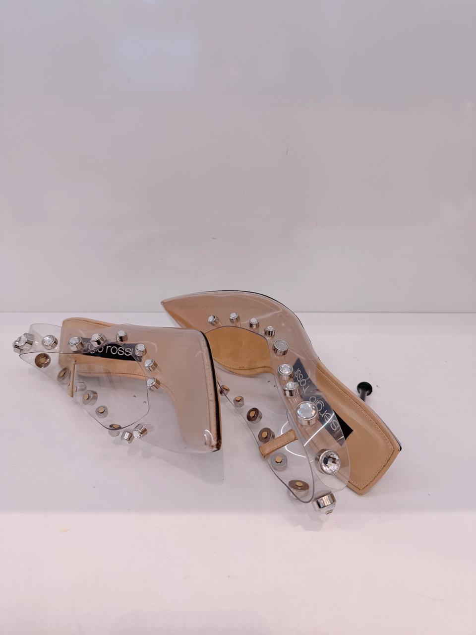 BEIGE PVC CRYSTAL EMBELLISHED SLINGBACK SANDALS 40.5