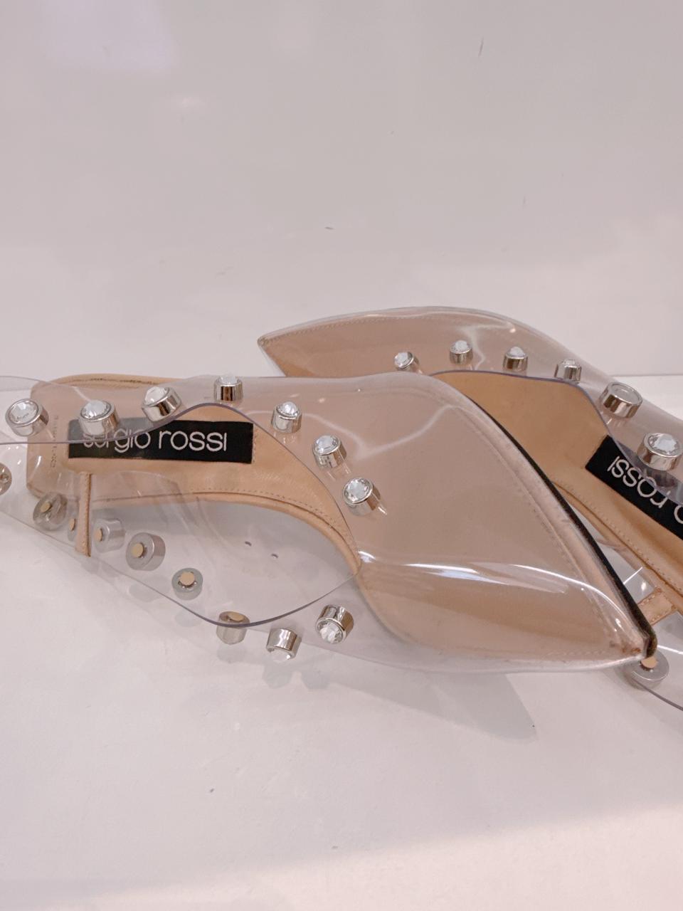 BEIGE PVC CRYSTAL EMBELLISHED SLINGBACK SANDALS 40.5
