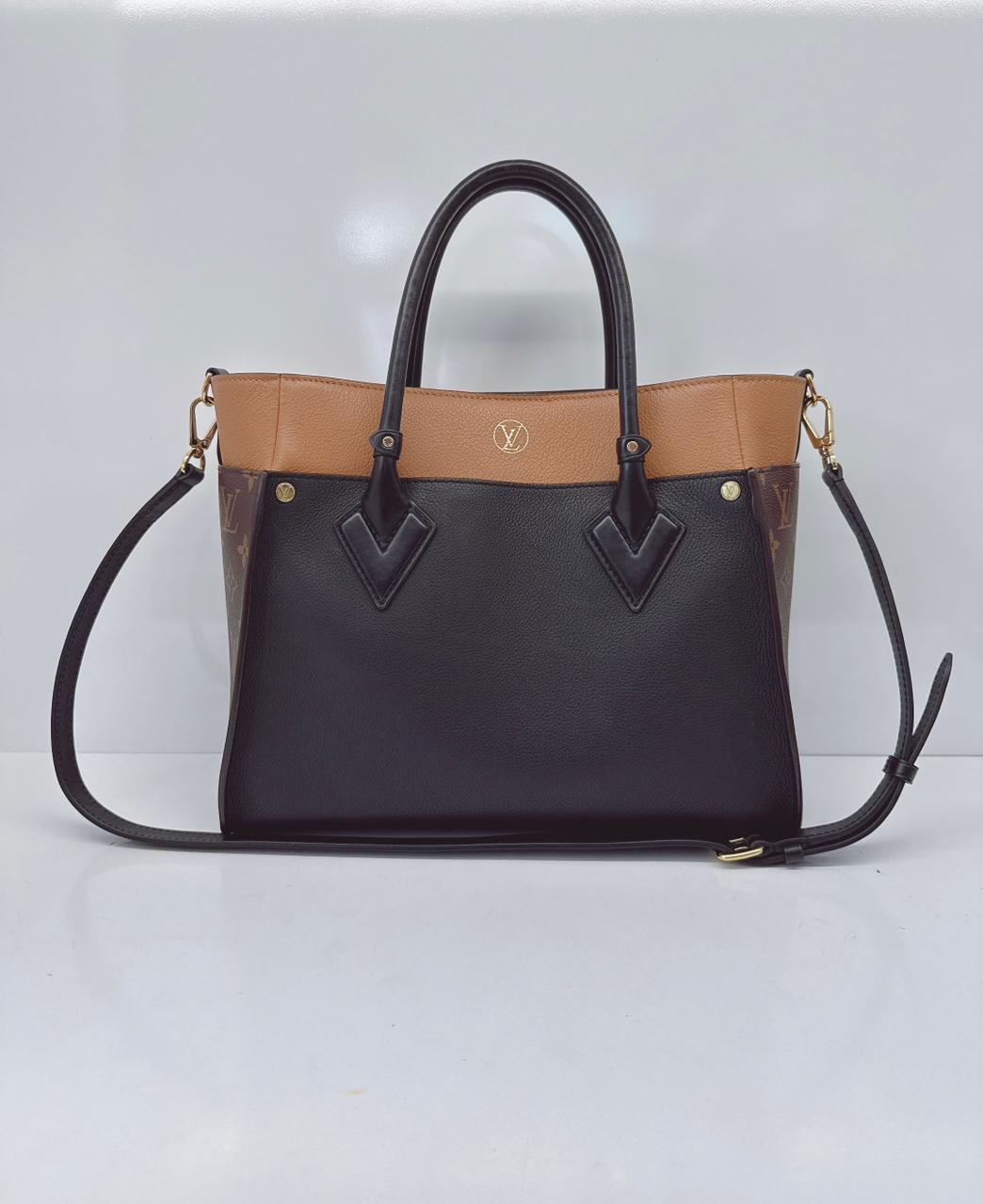 NOIR OBSCUR GRAINED CALF LEATHER AND MONOGRAM CANVAS ON MY SIDE MM TOTE BAG