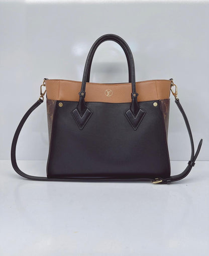 NOIR OBSCUR GRAINED CALF LEATHER AND MONOGRAM CANVAS ON MY SIDE MM TOTE BAG