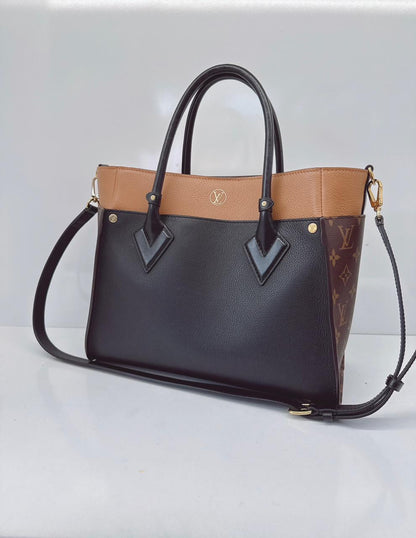 NOIR OBSCUR GRAINED CALF LEATHER AND MONOGRAM CANVAS ON MY SIDE MM TOTE BAG