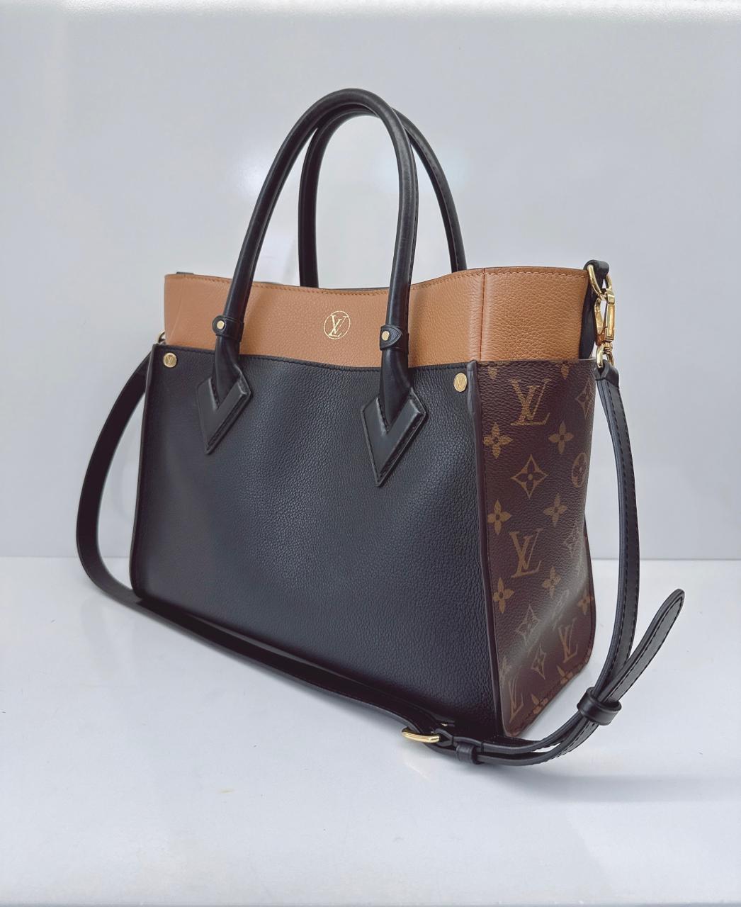 NOIR OBSCUR GRAINED CALF LEATHER AND MONOGRAM CANVAS ON MY SIDE MM TOTE BAG