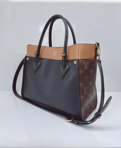 NOIR OBSCUR GRAINED CALF LEATHER AND MONOGRAM CANVAS ON MY SIDE MM TOTE BAG