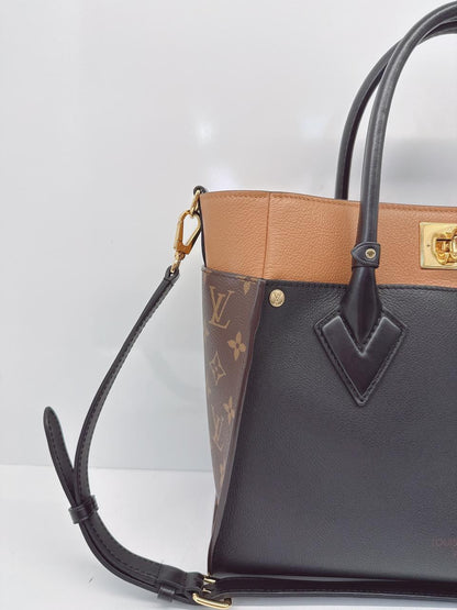 NOIR OBSCUR GRAINED CALF LEATHER AND MONOGRAM CANVAS ON MY SIDE MM TOTE BAG
