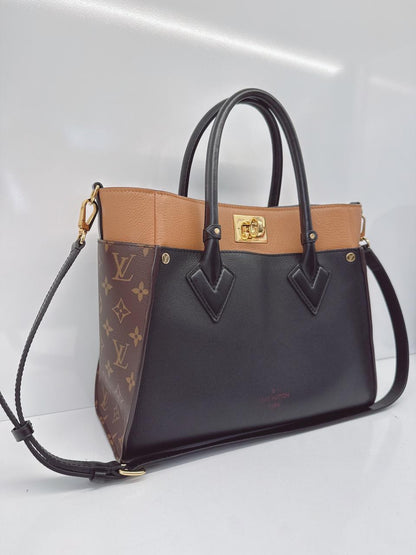 NOIR OBSCUR GRAINED CALF LEATHER AND MONOGRAM CANVAS ON MY SIDE MM TOTE BAG