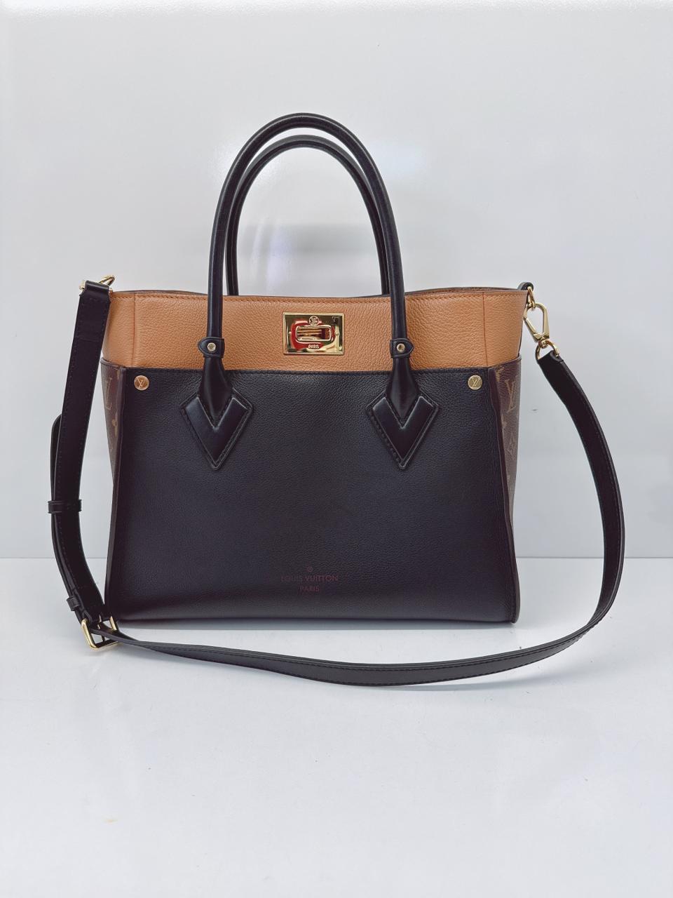 NOIR OBSCUR GRAINED CALF LEATHER AND MONOGRAM CANVAS ON MY SIDE MM TOTE BAG