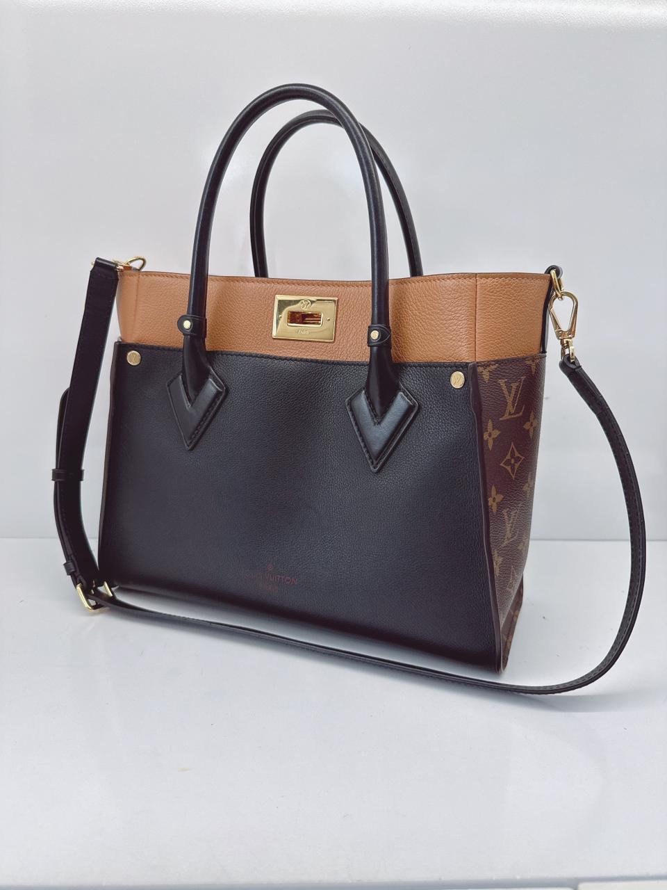 NOIR OBSCUR GRAINED CALF LEATHER AND MONOGRAM CANVAS ON MY SIDE MM TOTE BAG