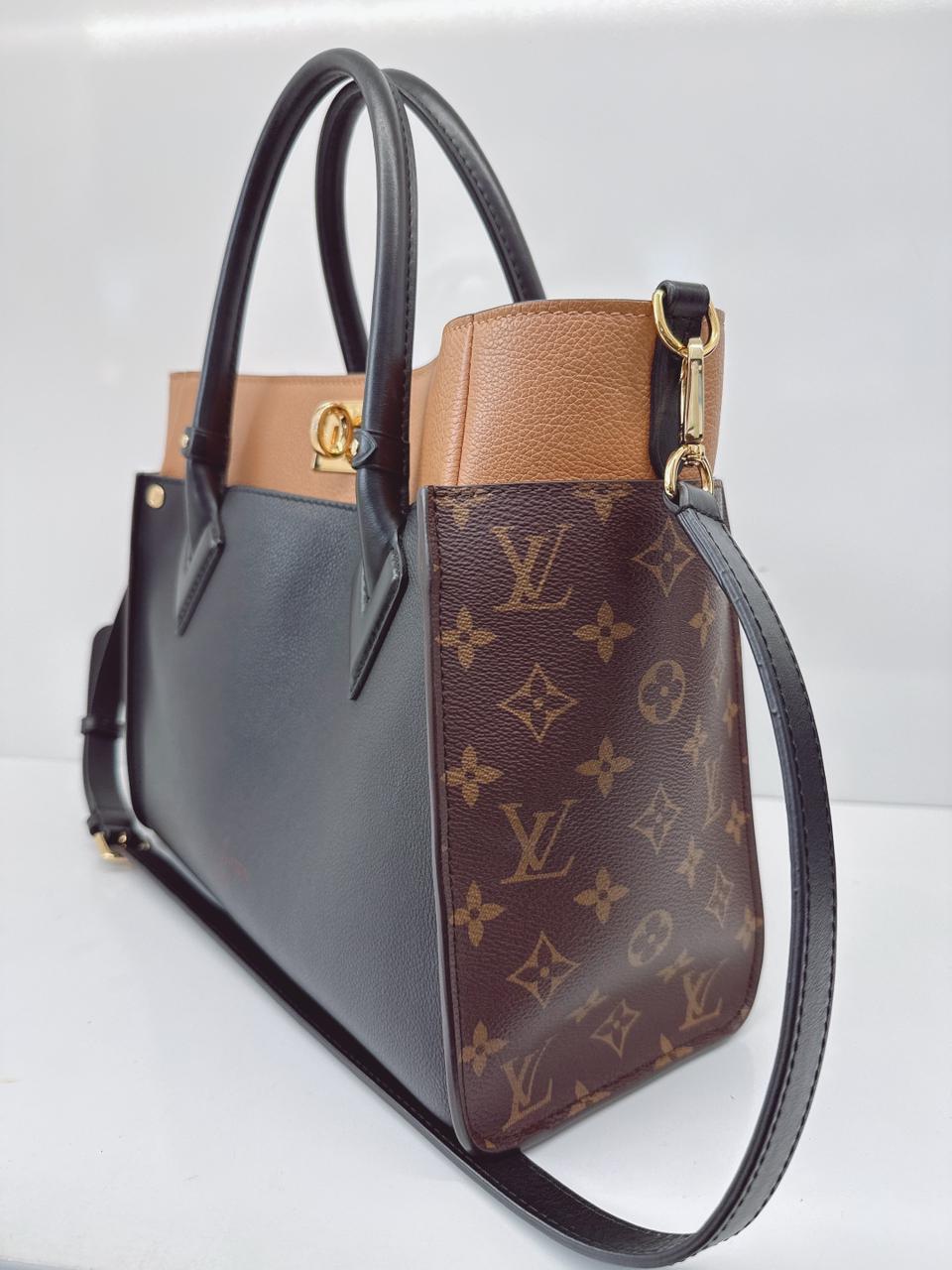 NOIR OBSCUR GRAINED CALF LEATHER AND MONOGRAM CANVAS ON MY SIDE MM TOTE BAG