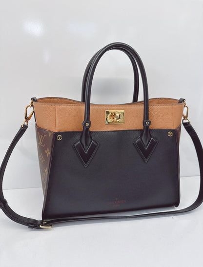 NOIR OBSCUR GRAINED CALF LEATHER AND MONOGRAM CANVAS ON MY SIDE MM TOTE BAG