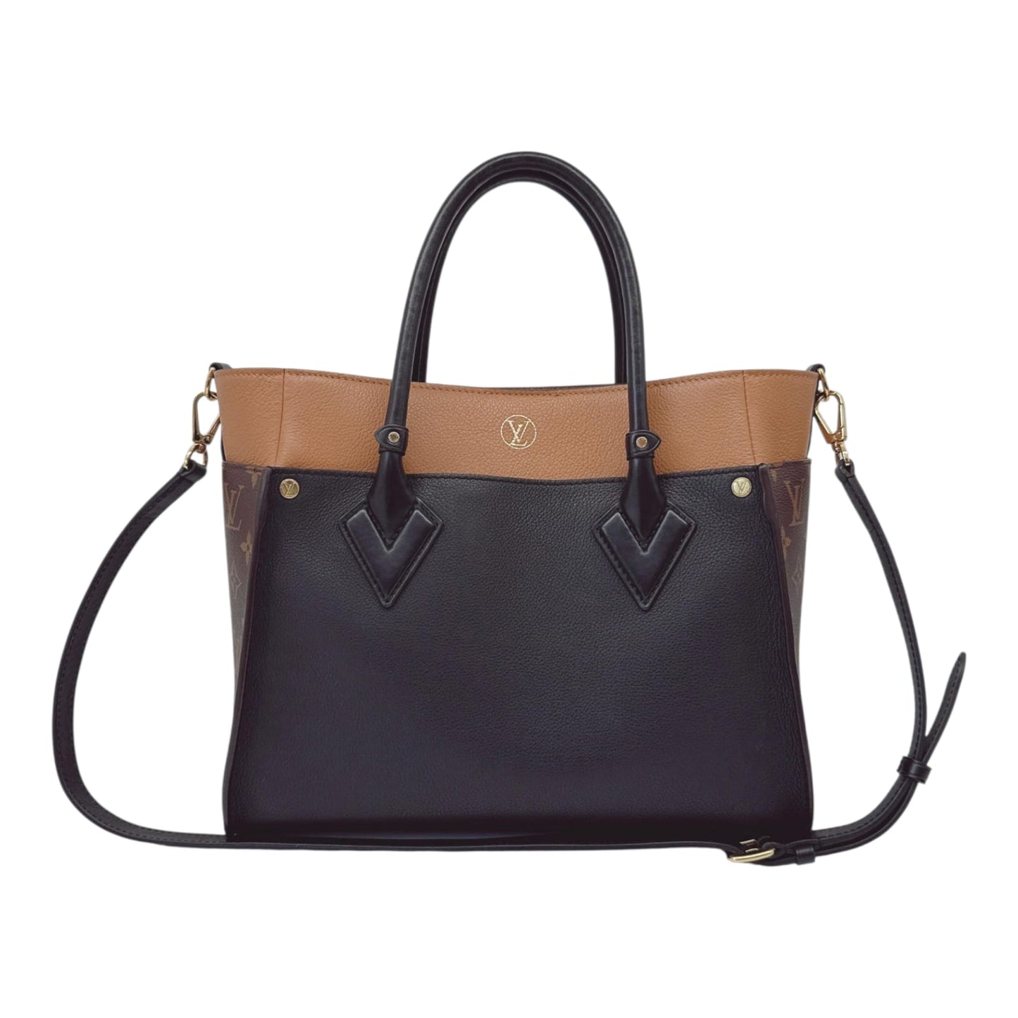 NOIR OBSCUR GRAINED CALF LEATHER AND MONOGRAM CANVAS ON MY SIDE MM TOTE BAG