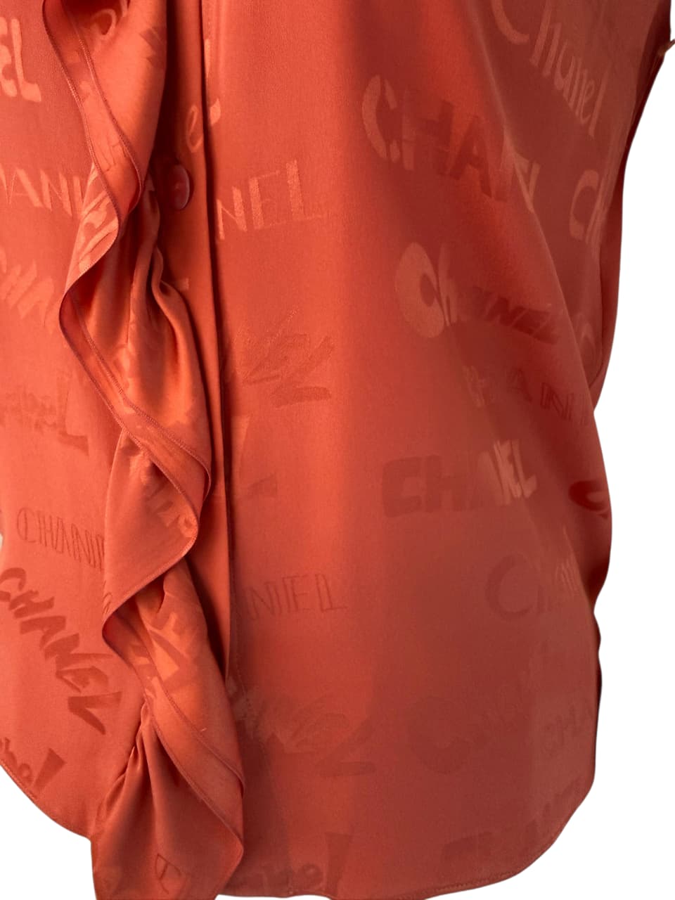 CORAL RED LOGO RUFFLED SLEEVELESS SILK TOP 36