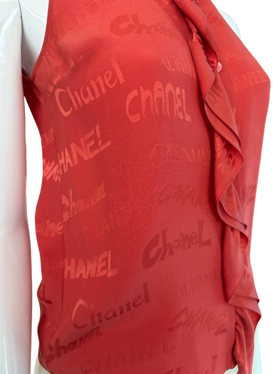 CORAL RED LOGO RUFFLED SLEEVELESS SILK TOP 36