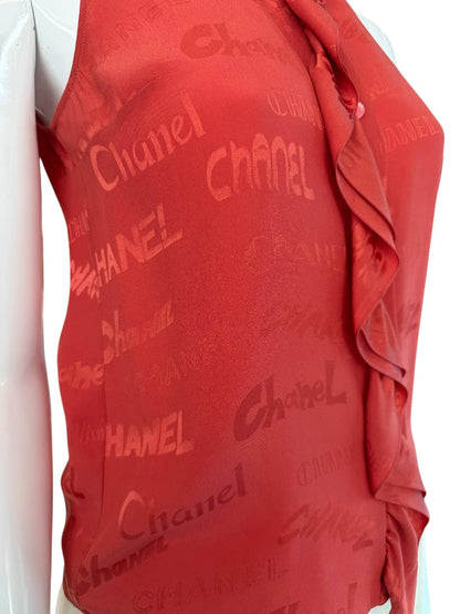 CORAL RED LOGO RUFFLED SLEEVELESS SILK TOP 36