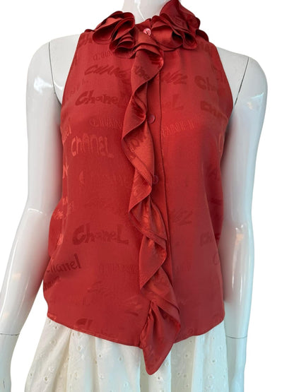 CORAL RED LOGO RUFFLED SLEEVELESS SILK TOP 36