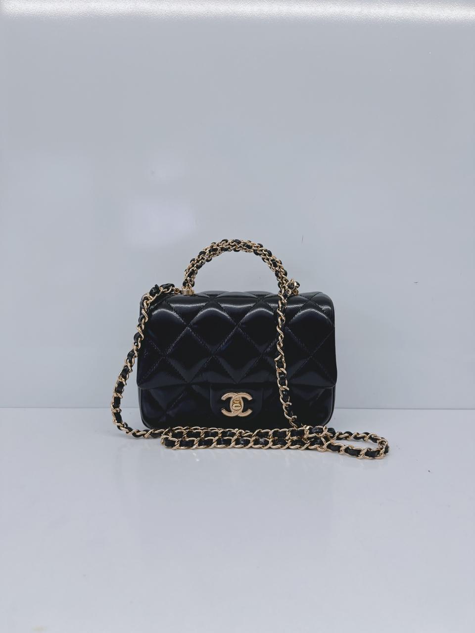 BLACK SHINY LAMBSKIN LEATHER MINI FLAP BAG WITH TOP HANDLE