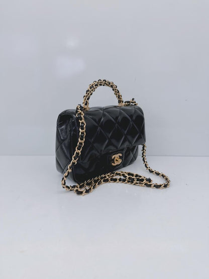 BLACK SHINY LAMBSKIN LEATHER MINI FLAP BAG WITH TOP HANDLE