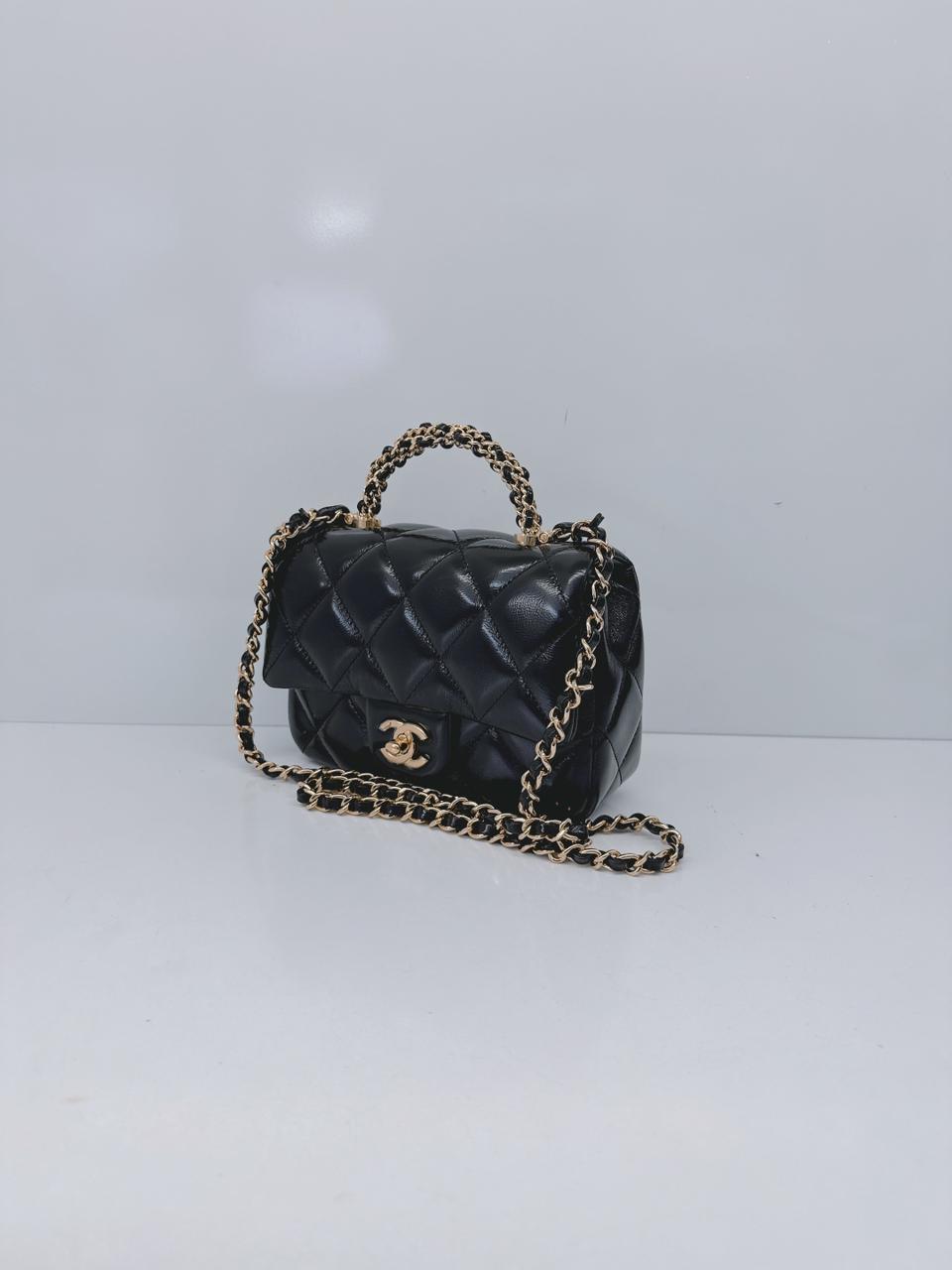 BLACK SHINY LAMBSKIN LEATHER MINI FLAP BAG WITH TOP HANDLE