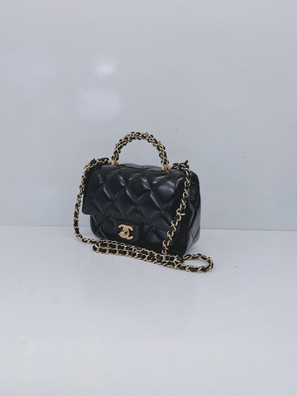 BLACK SHINY LAMBSKIN LEATHER MINI FLAP BAG WITH TOP HANDLE