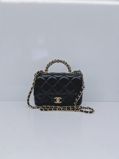 BLACK SHINY LAMBSKIN LEATHER MINI FLAP BAG WITH TOP HANDLE