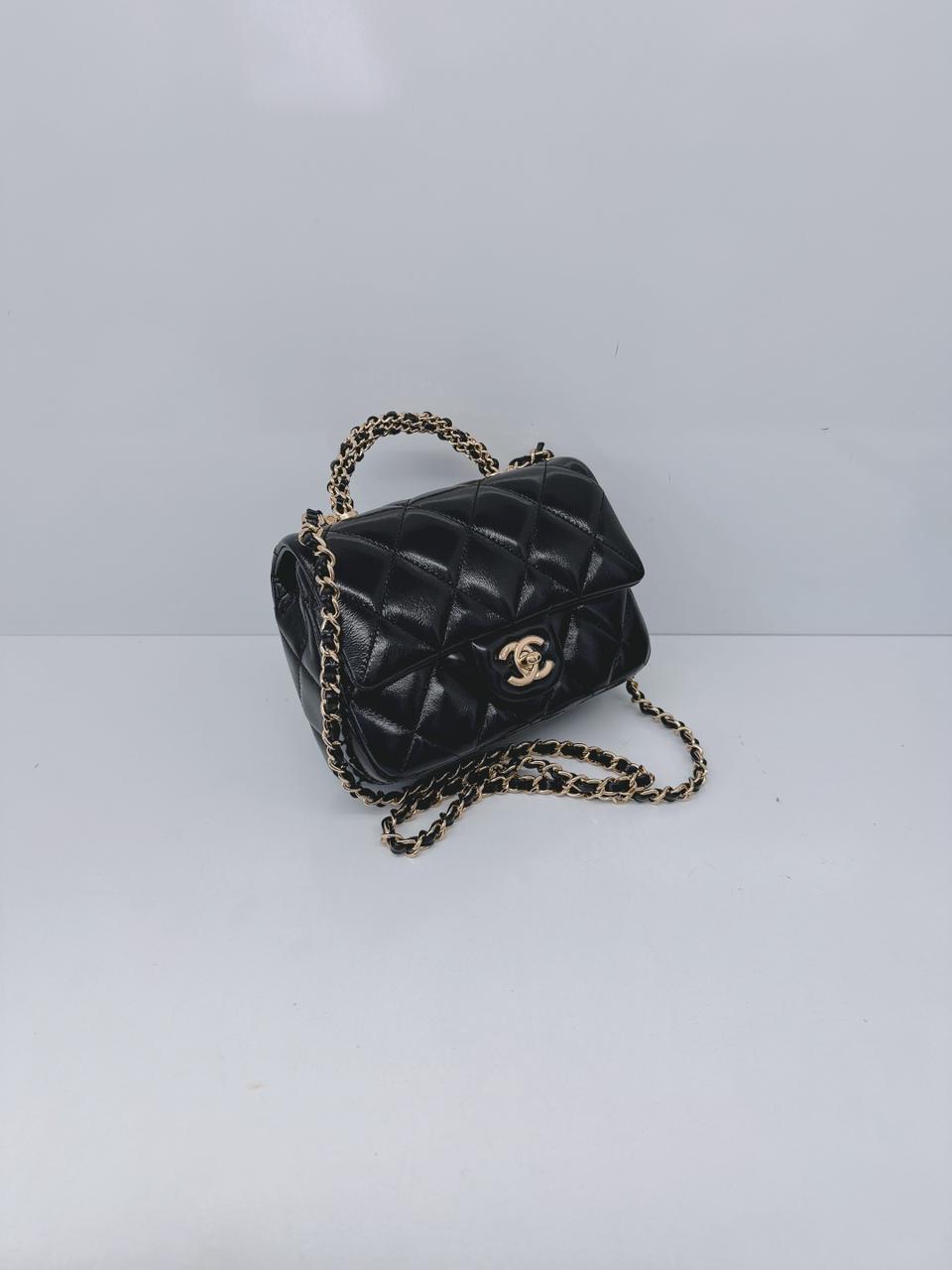 BLACK SHINY LAMBSKIN LEATHER MINI FLAP BAG WITH TOP HANDLE