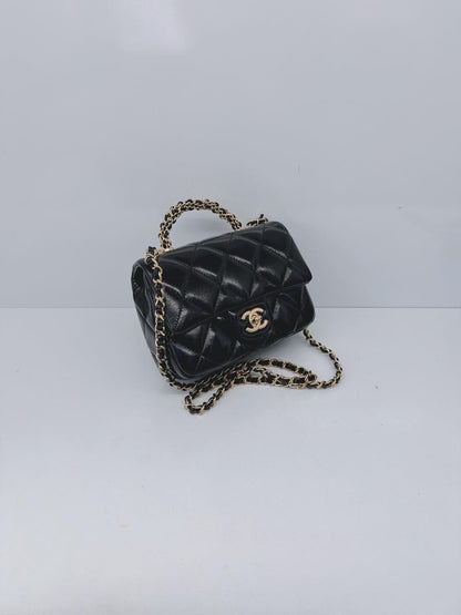 BLACK SHINY LAMBSKIN LEATHER MINI FLAP BAG WITH TOP HANDLE