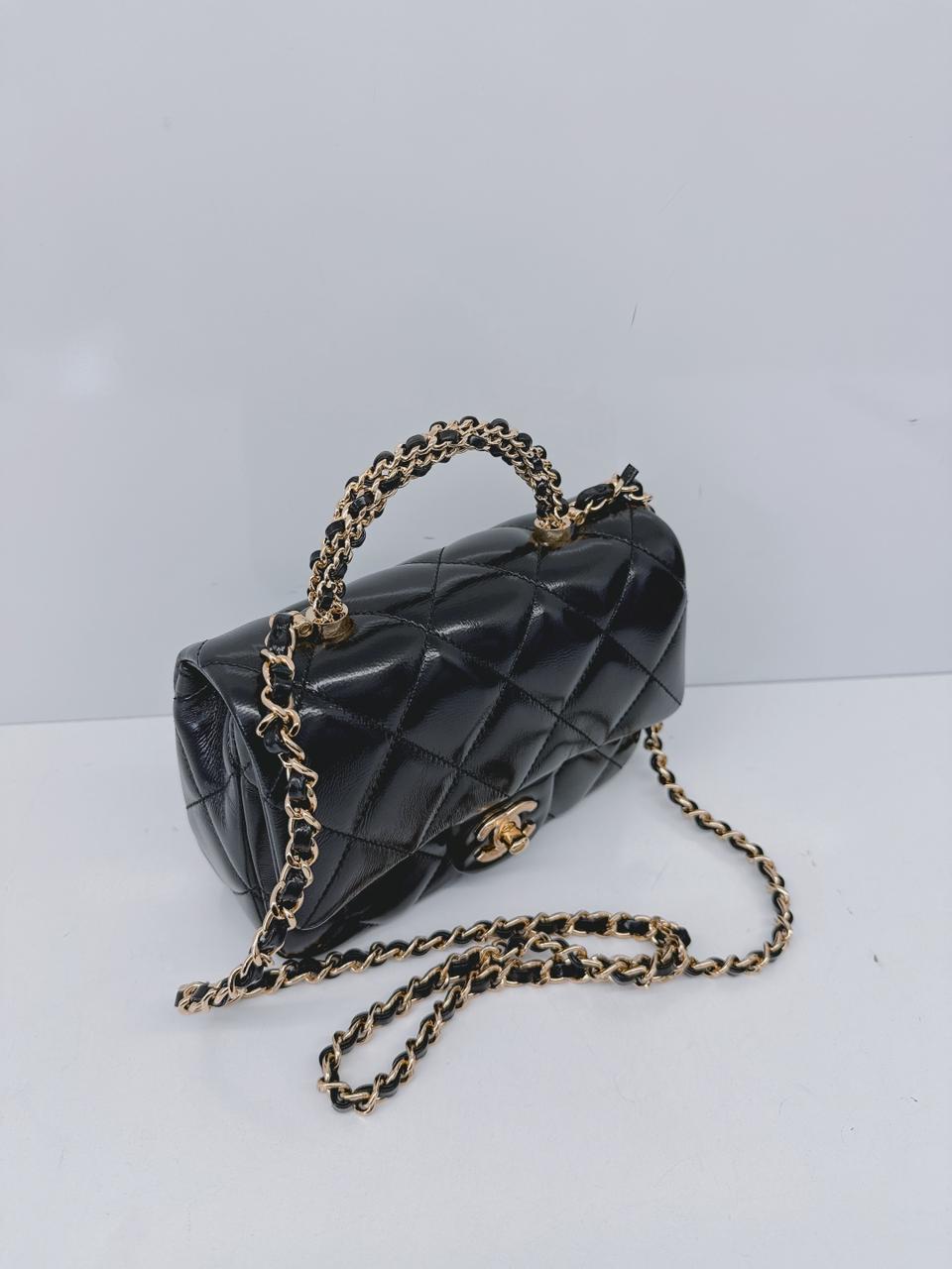 BLACK SHINY LAMBSKIN LEATHER MINI FLAP BAG WITH TOP HANDLE