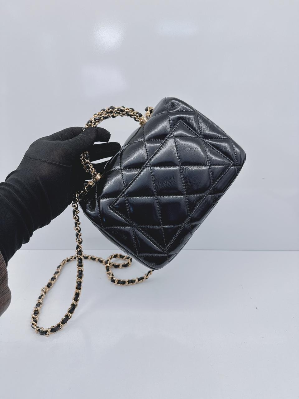 BLACK SHINY LAMBSKIN LEATHER MINI FLAP BAG WITH TOP HANDLE