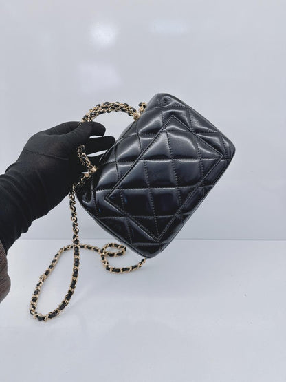 BLACK SHINY LAMBSKIN LEATHER MINI FLAP BAG WITH TOP HANDLE