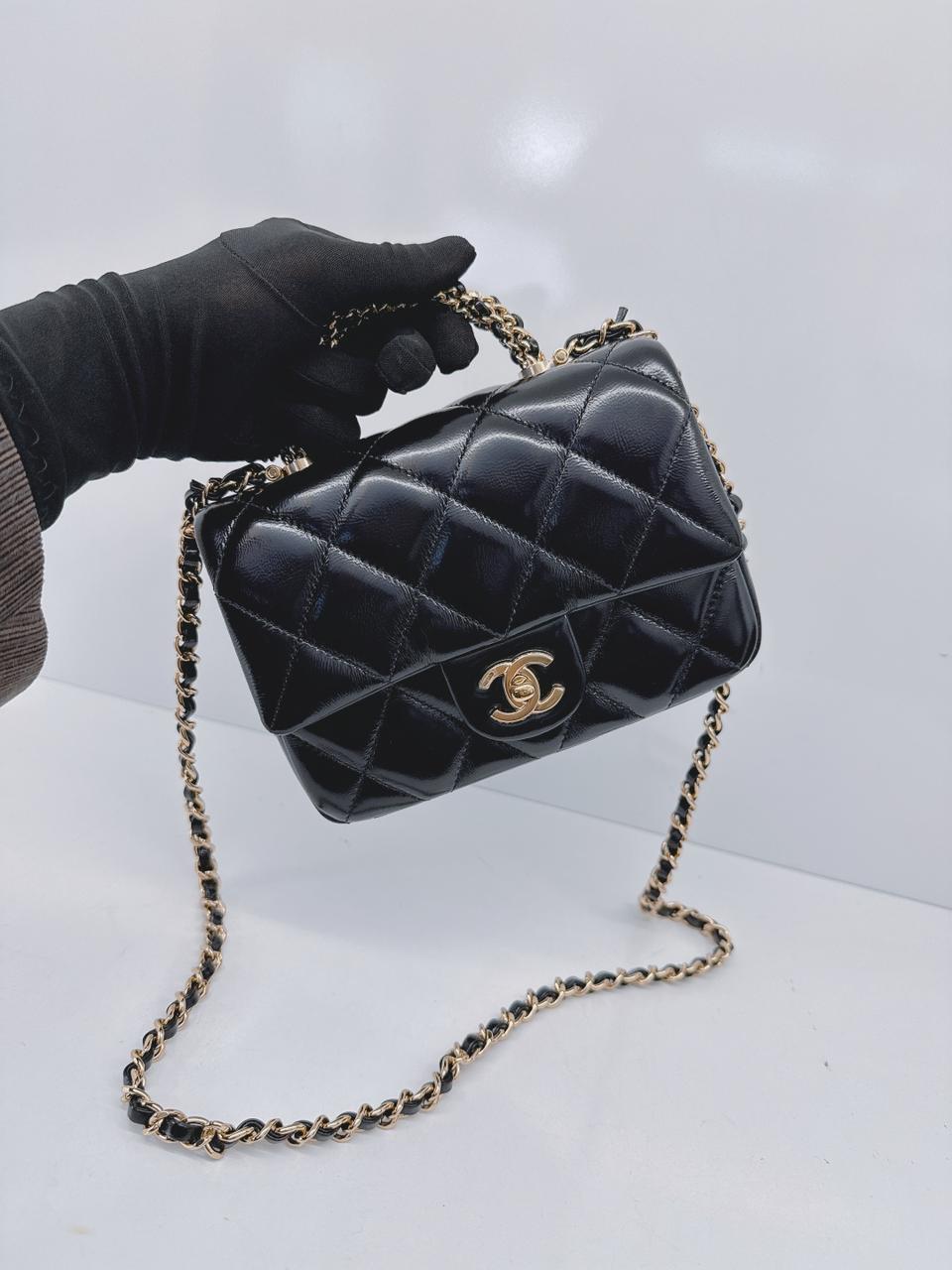BLACK SHINY LAMBSKIN LEATHER MINI FLAP BAG WITH TOP HANDLE