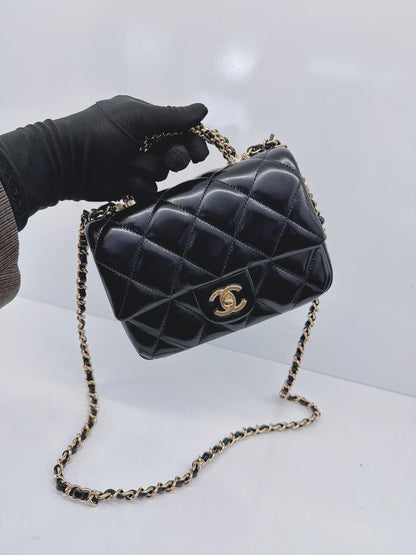 BLACK SHINY LAMBSKIN LEATHER MINI FLAP BAG WITH TOP HANDLE
