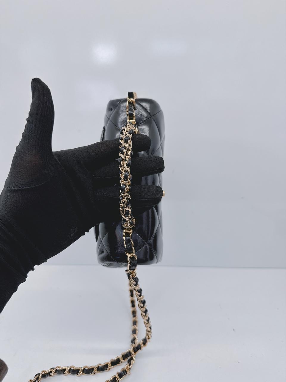 BLACK SHINY LAMBSKIN LEATHER MINI FLAP BAG WITH TOP HANDLE