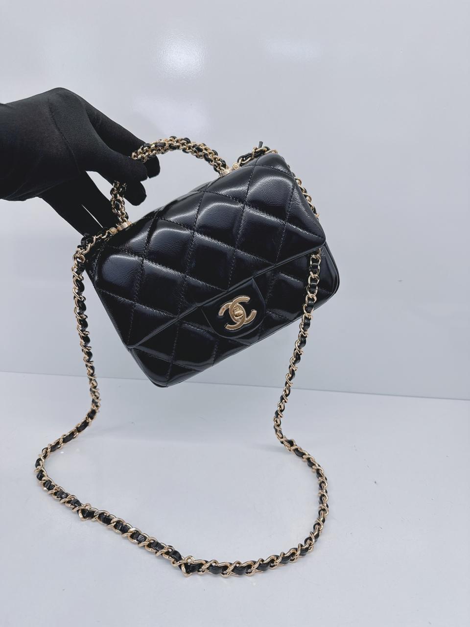 BLACK SHINY LAMBSKIN LEATHER MINI FLAP BAG WITH TOP HANDLE