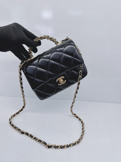 BLACK SHINY LAMBSKIN LEATHER MINI FLAP BAG WITH TOP HANDLE