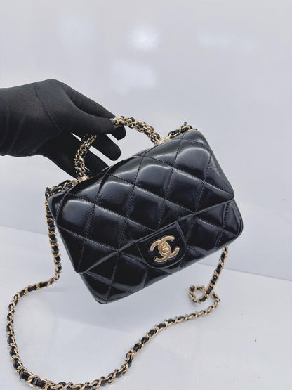 BLACK SHINY LAMBSKIN LEATHER MINI FLAP BAG WITH TOP HANDLE