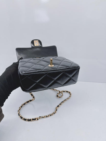 BLACK SHINY LAMBSKIN LEATHER MINI FLAP BAG WITH TOP HANDLE
