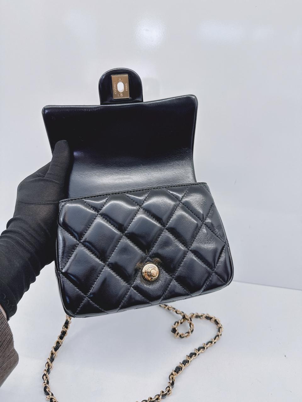 BLACK SHINY LAMBSKIN LEATHER MINI FLAP BAG WITH TOP HANDLE