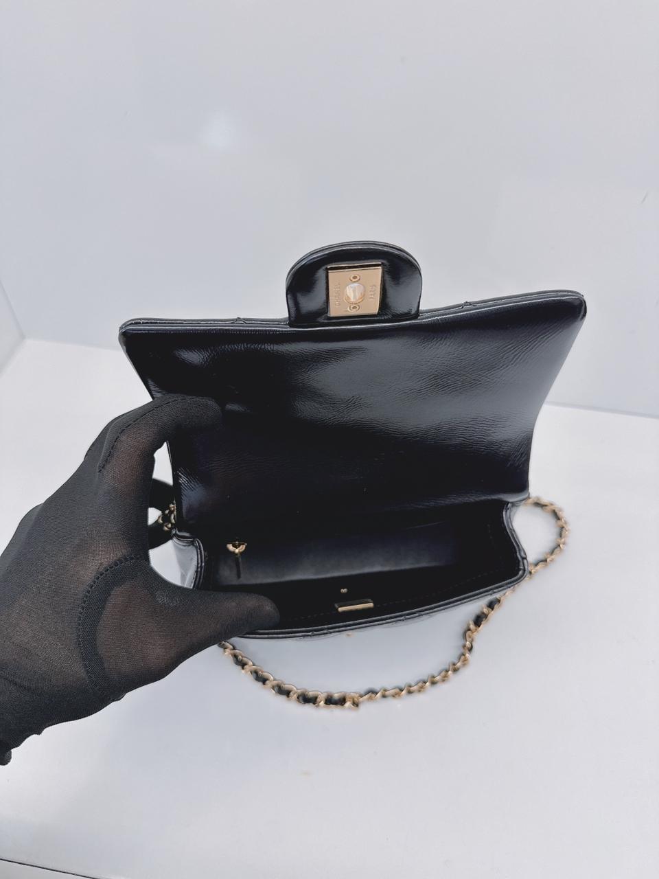 BLACK SHINY LAMBSKIN LEATHER MINI FLAP BAG WITH TOP HANDLE
