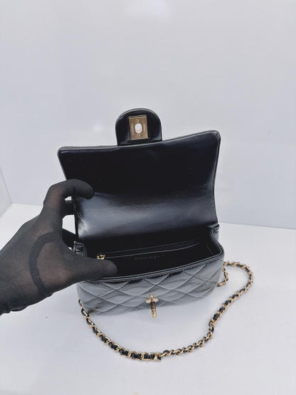 BLACK SHINY LAMBSKIN LEATHER MINI FLAP BAG WITH TOP HANDLE