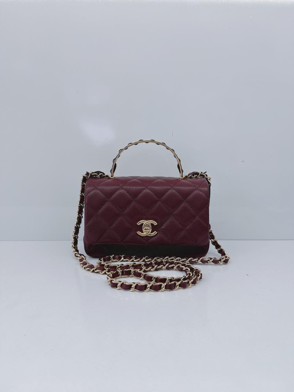 BURGUNDY GRAINED SHINY CALFSKIN LEATHER MINI FLAP BAG WITH TOP HANDLE