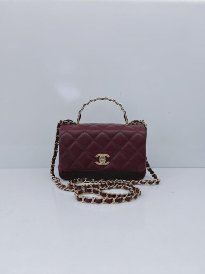 BURGUNDY GRAINED SHINY CALFSKIN LEATHER MINI FLAP BAG WITH TOP HANDLE