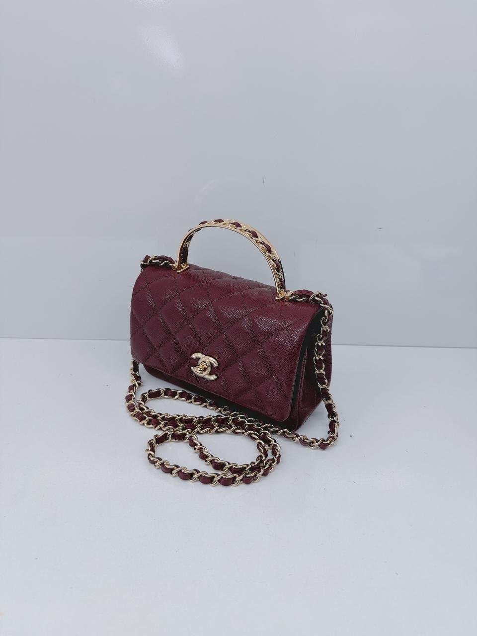 BURGUNDY GRAINED SHINY CALFSKIN LEATHER MINI FLAP BAG WITH TOP HANDLE