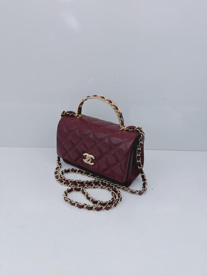 BURGUNDY GRAINED SHINY CALFSKIN LEATHER MINI FLAP BAG WITH TOP HANDLE