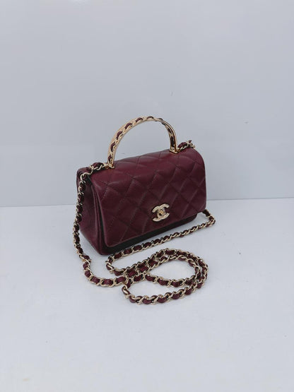 BURGUNDY GRAINED SHINY CALFSKIN LEATHER MINI FLAP BAG WITH TOP HANDLE